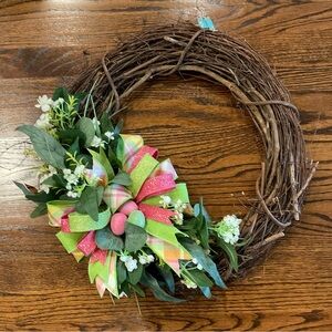 Spring Grapevine Wreath with Pink and Green Ribbon Accents